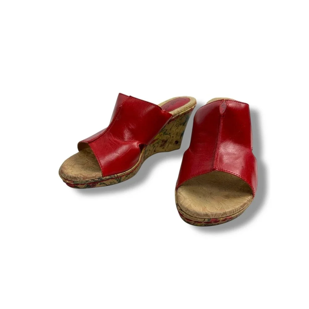 BOC Born Concept Red Leather Floral Cork Wedge Mules Women's Size 8M